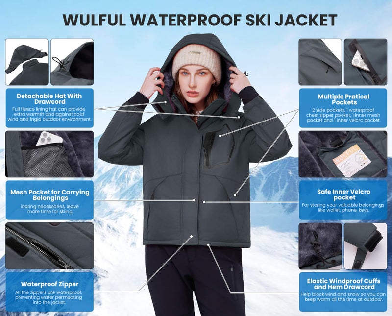 WULFUL Women's Waterproof Ski Jacket Warm Winter Coats Windproof Winter Jackets for Women Fleece Lined Windbreaker with Hood - Image 5